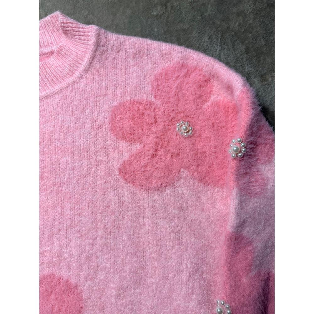 Nanette‎ Lepore Womens Pink Floral Embellished Fuzzy Crewneck Coquette SIZE S - Picture 2 of 6